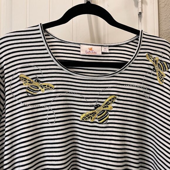Quacker Factory Shirt Womens Size 2X Bumble Bee Embroidered Black White Striped - Picture 2 of 10